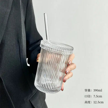 Japanese ribbed glass straw cup set with clear ribbed glass tumbler, matching lid, and sleek metallic decorbites glass straw