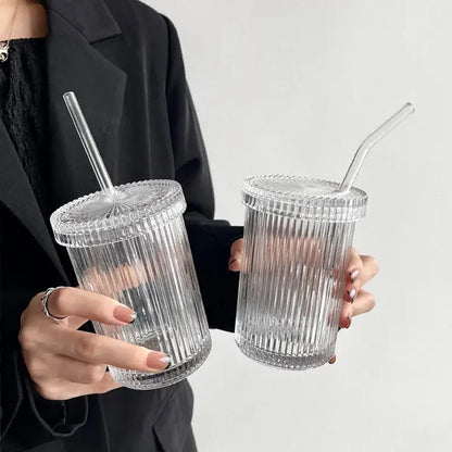 Clear japanese ribbed glass straw cup set with matching lids and transparent straws for decorbites glass straw use