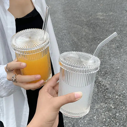 Japanese ribbed glass straw cup set with clear ribbed tumblers, matching lids, and curved decorbites glass straws