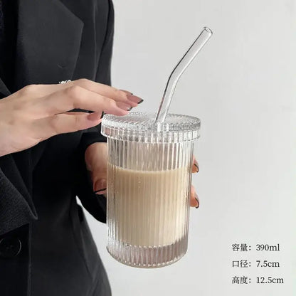Clear ribbed glass straw cup set with matching lid and transparent straw by decorbites for kitchen use