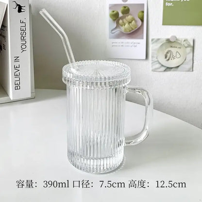Clear glass ribbed texture mug with matching lid and handle in decorbites glass straw cup set for kitchen use