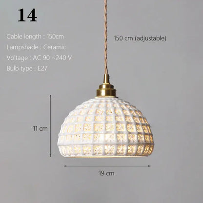 White ceramic pendant light with textured grid pattern and brass hardware ideal for kitchen and dining room lighting