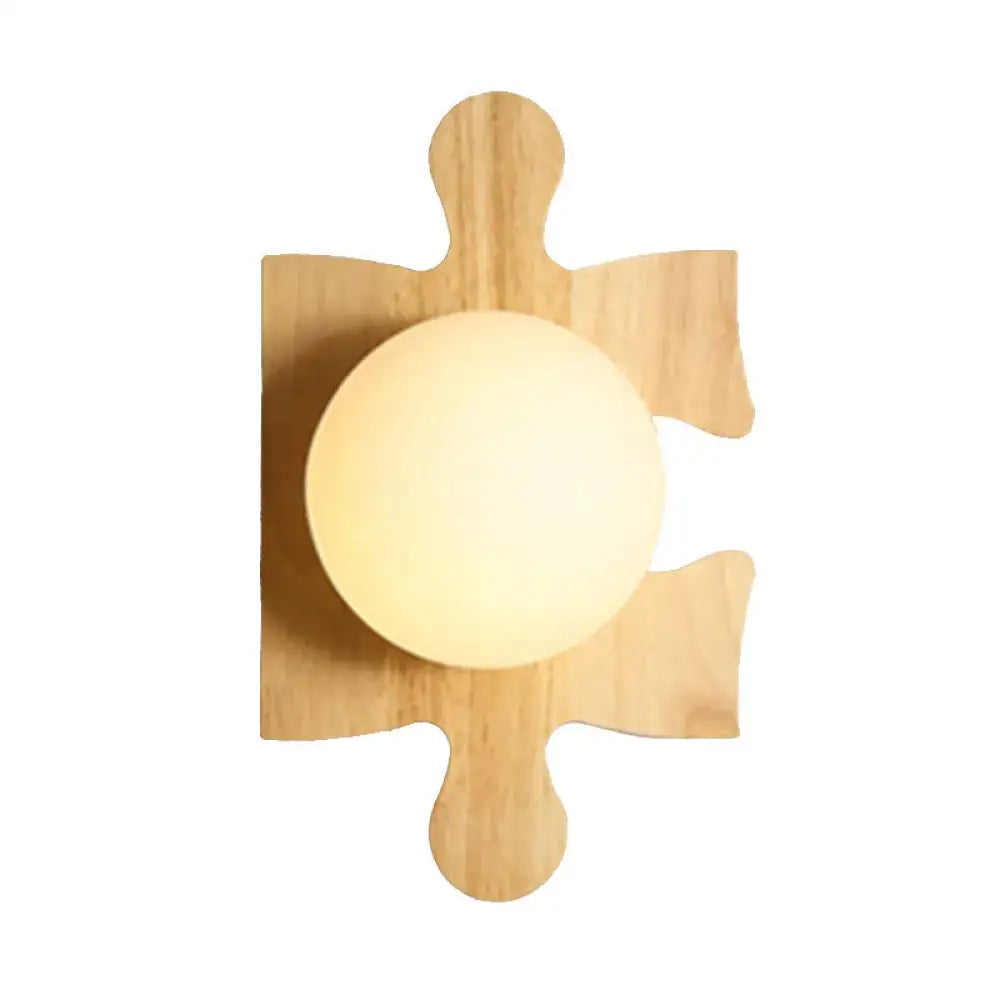Japanese style wall light featuring a beige spherical lamp set in a light wood wooden puzzle base for corridor use