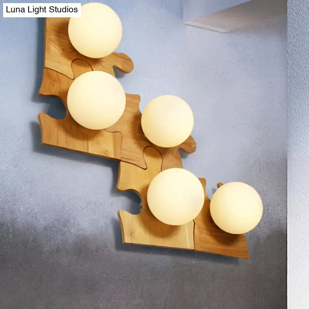 Japanese style beige wooden puzzle base wall light with five warm spherical frosted glass fixtures for corridor use