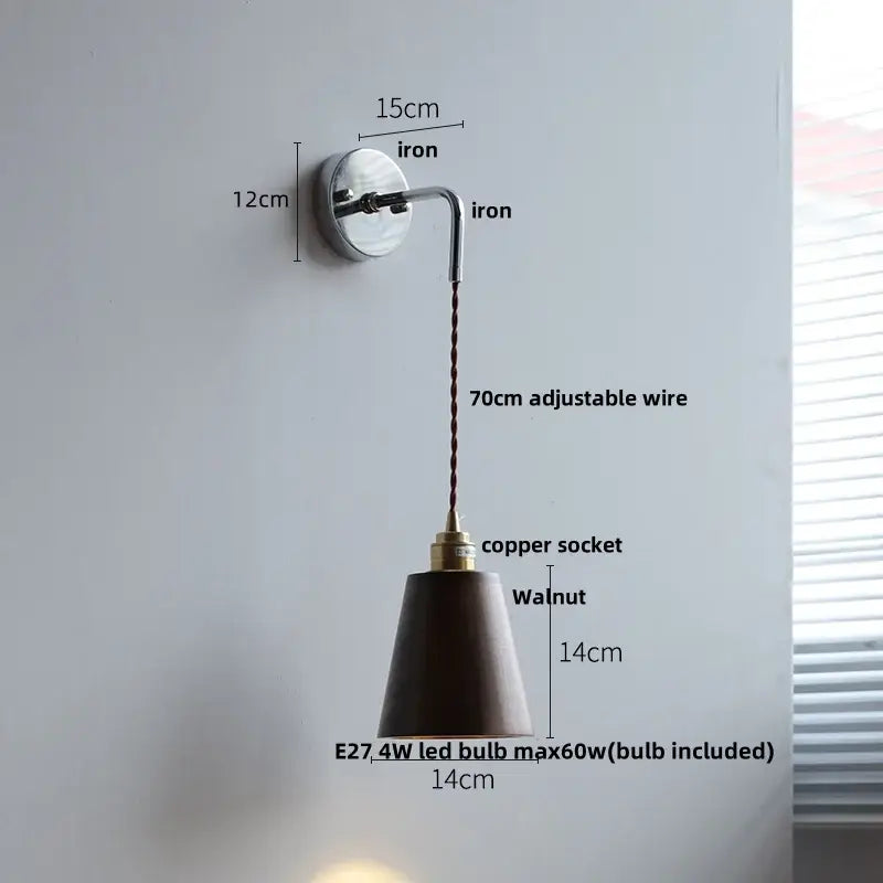 Japanese style black and brass wall lamp with polished iron bracket pull chain and dark walnut conical shade light fixtures