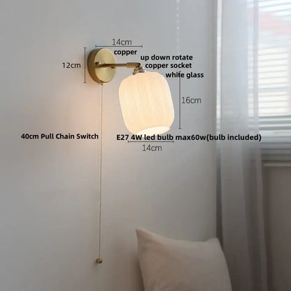 Copper wall sconce with white glass shade and e27 4w led bulb for decorbites japanese style bedroom pull light