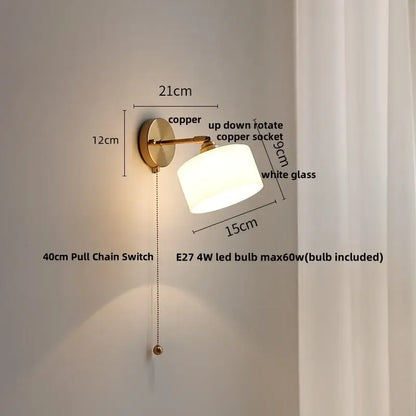 Copper-finished brass wall sconce with white glass shade and e27 4w led bulb for decorbites japanese style bedroom pull light