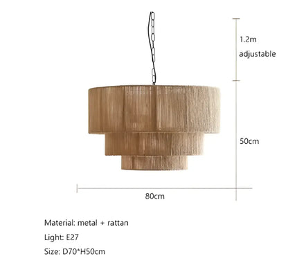 A tiered natural-toned rattan hemp rope pendant light with metal chain suspension for bedroom decorbites hemp rope