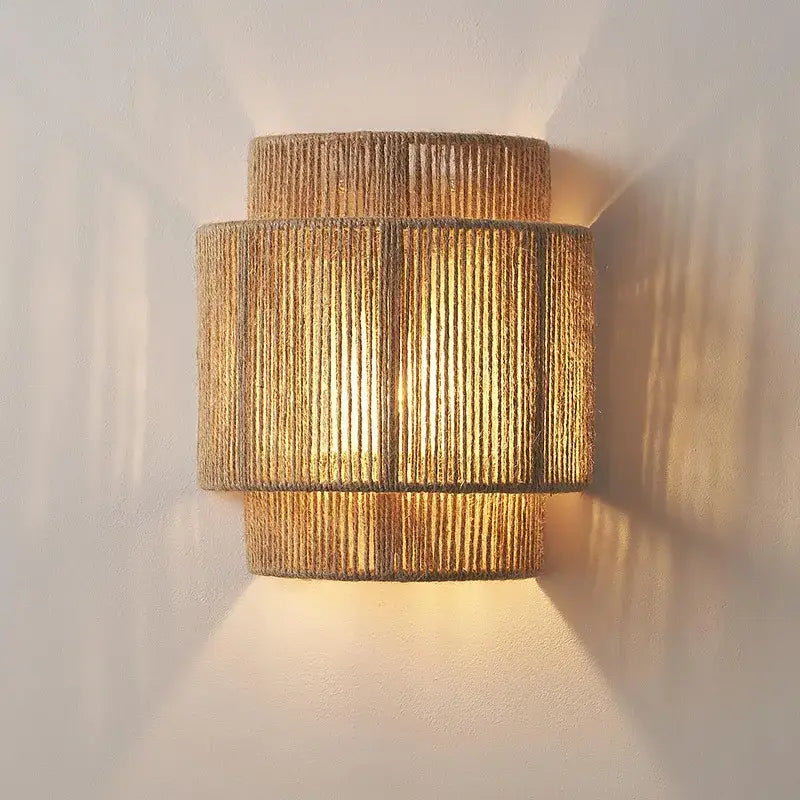 Warm-toned Japanese style golden tiered hemp rope pendant light with woven natural fiber decorbites hemp rope finish