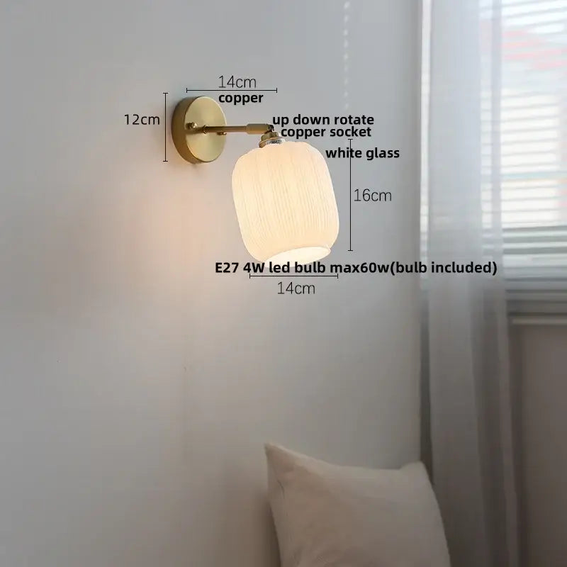 Copper wall sconce with white glass shade japanese style led brass wall sconce decorbites bedroom light with pull chain