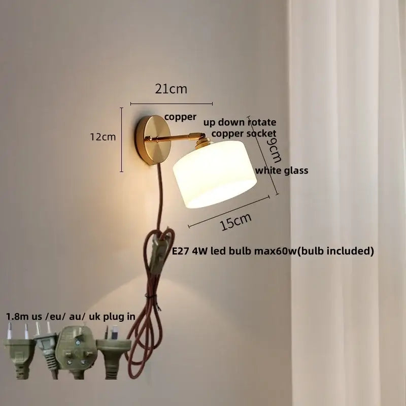 Copper-finished japanese style led brass wall sconce with white glass shade and adjustable socket for bedroom decorbites lighting