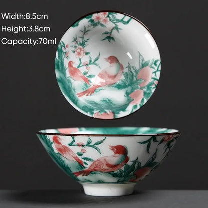 A delicate white ceramic kung fu tea cup with hand-painted pink birds green foliage and a dark rim decorbites blue style