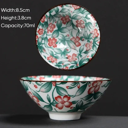 A delicate white ceramic kung fu tea cup with pink floral pattern and brown rim from decorbites blue set