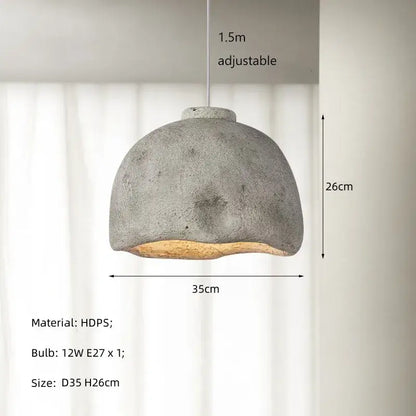 Gray concrete resin pendant light with textured rustic finish and warm wooden base for dining room use