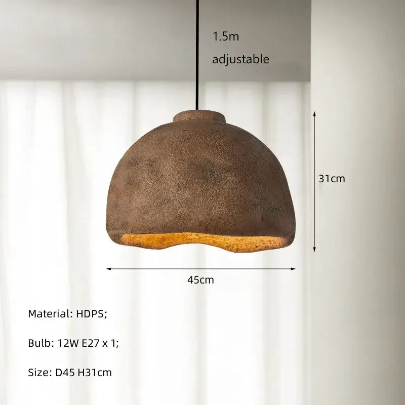 A rustic brown resin pendant light with a textured dome shade and exposed golden base for dining room use