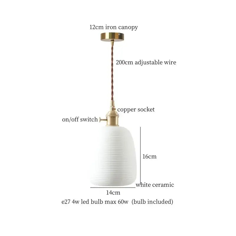Japanese style ceramic led hanging lamp with white pleated ceramic, brass accents, and adjustable copper wire for dining room decorbites ceramic led