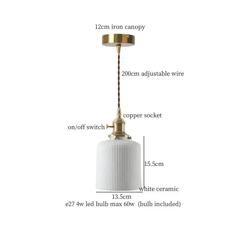 Japanese style white pleated ceramic led hanging lamp with vertical ridges brass accents and braided wire suspension decorbites ceramic led