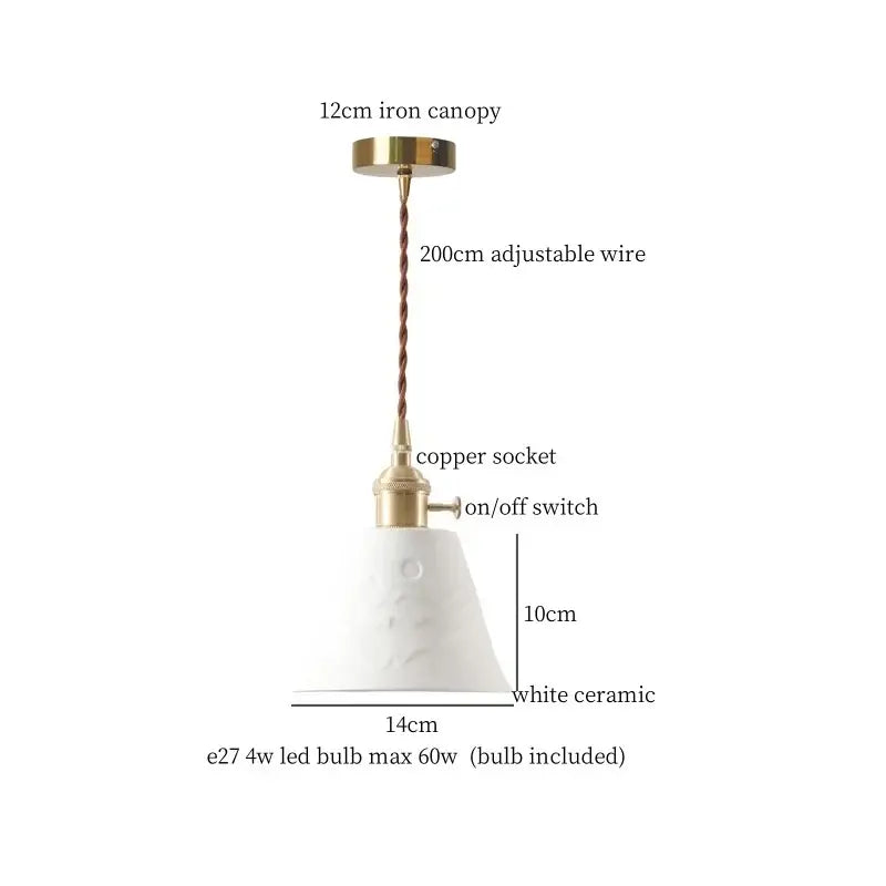Japanese style white pleated ceramic led hanging lamp with brass canopy and copper socket for dining room decorbites ceramic led