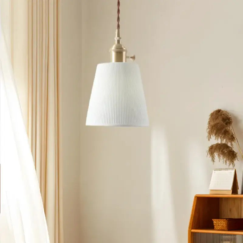 White ribbed ceramic led hanging lamp with brass fixture and twisted cord for dining room decorbites ceramic led lighting