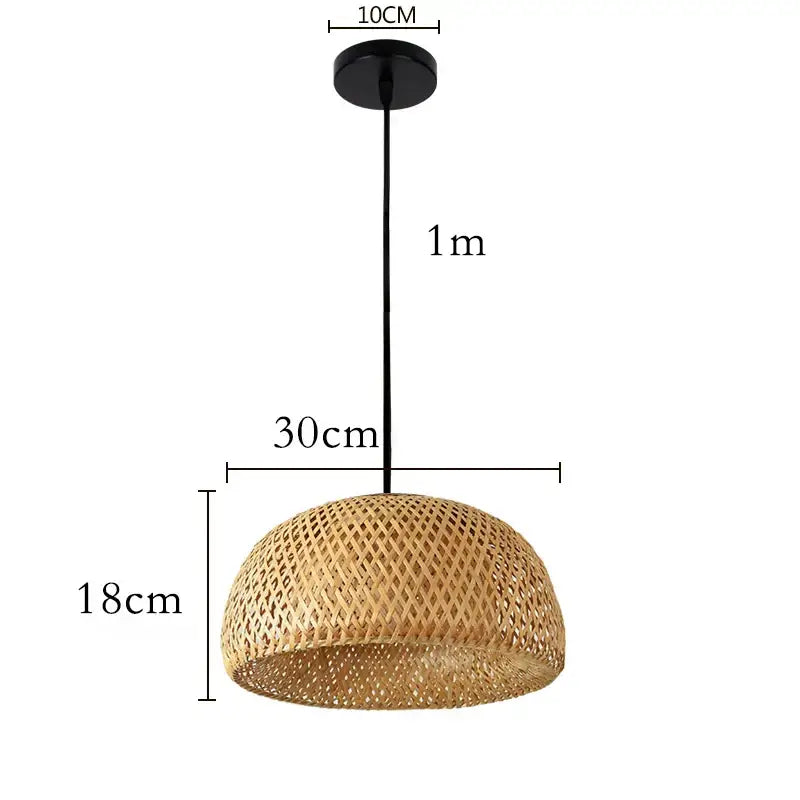 Japanese style woven bamboo pendant light with natural tan finish and diamond pattern for intimate spaces suspended by black cord