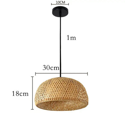 Japanese style woven bamboo pendant light with natural tan finish and diamond pattern for intimate spaces suspended by black cord