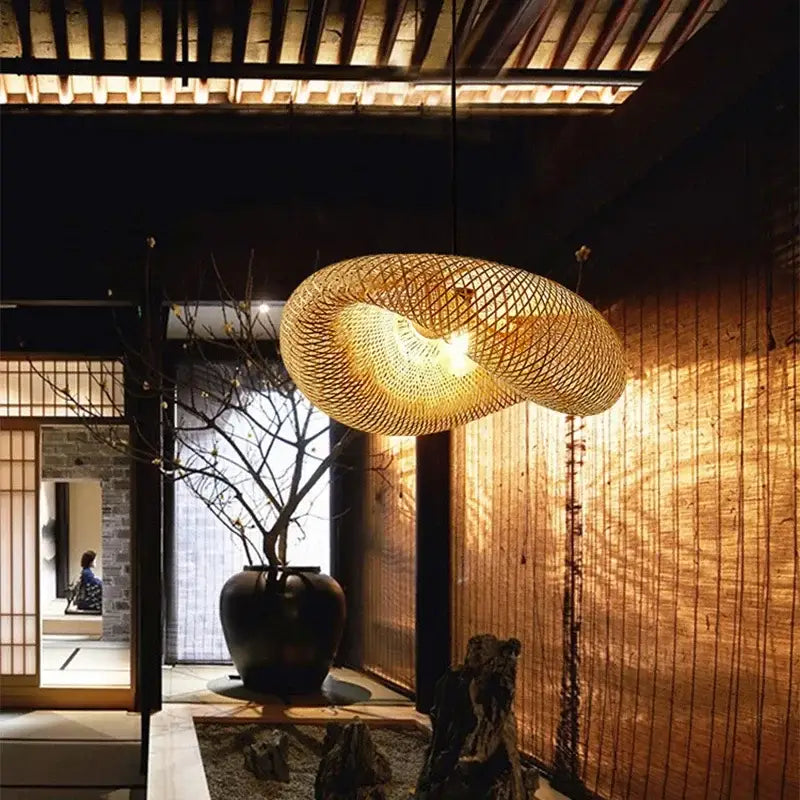 Warm-toned japanese style pendant light with woven bamboo lattice design for bedroom and intimate spaces