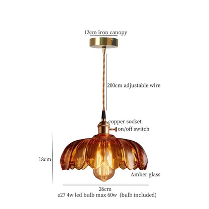 Amber glass led pendant with copper socket and adjustable wire for Japanese vintage brass and wood dining room lamp