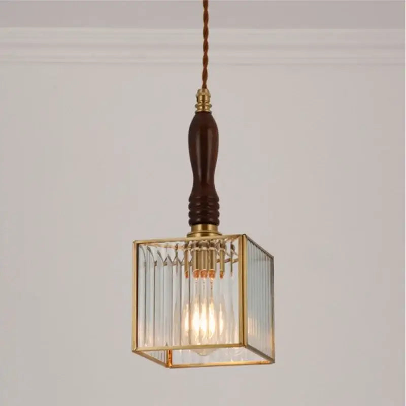 Japanese vintage brass and wood glass led pendant lamp with clear ribbed glass panels for dining room lighting