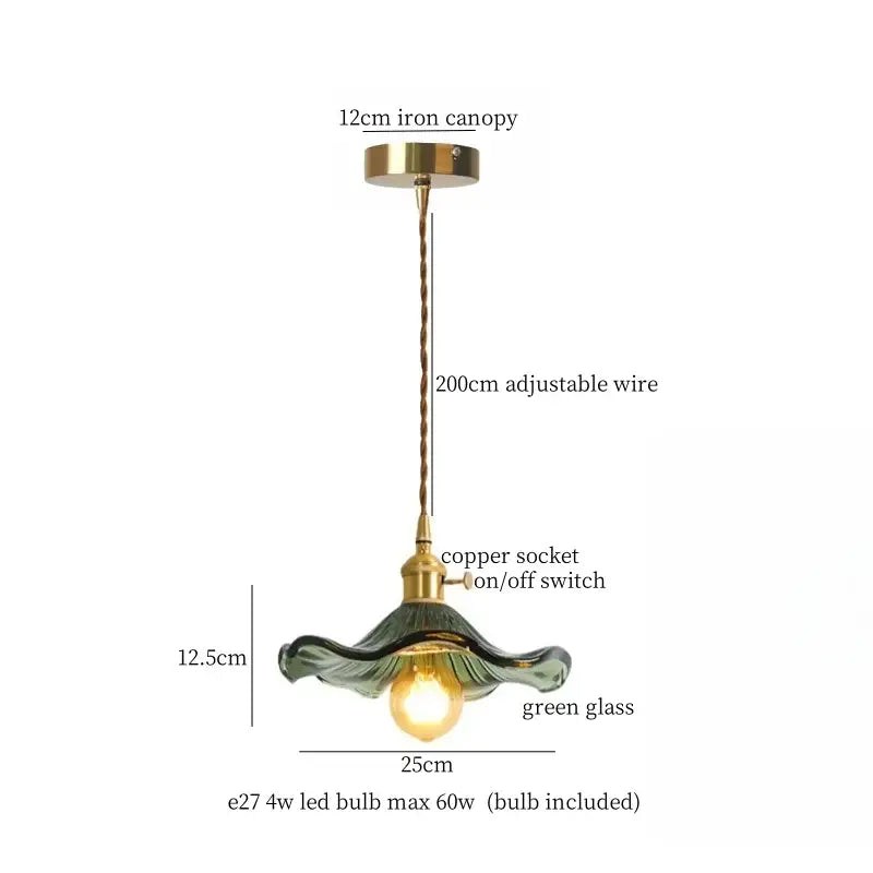 Green glass led pendant lamp with 12cm iron canopy and adjustable copper wire for dining room lighting