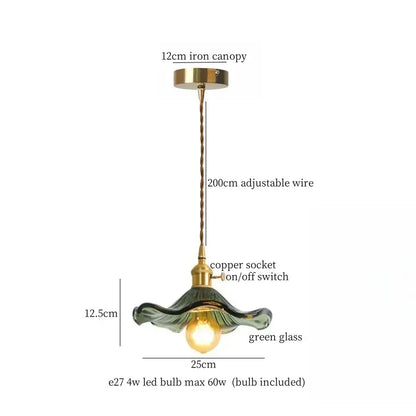 Green glass led pendant lamp with 12cm iron canopy and adjustable copper wire for dining room lighting