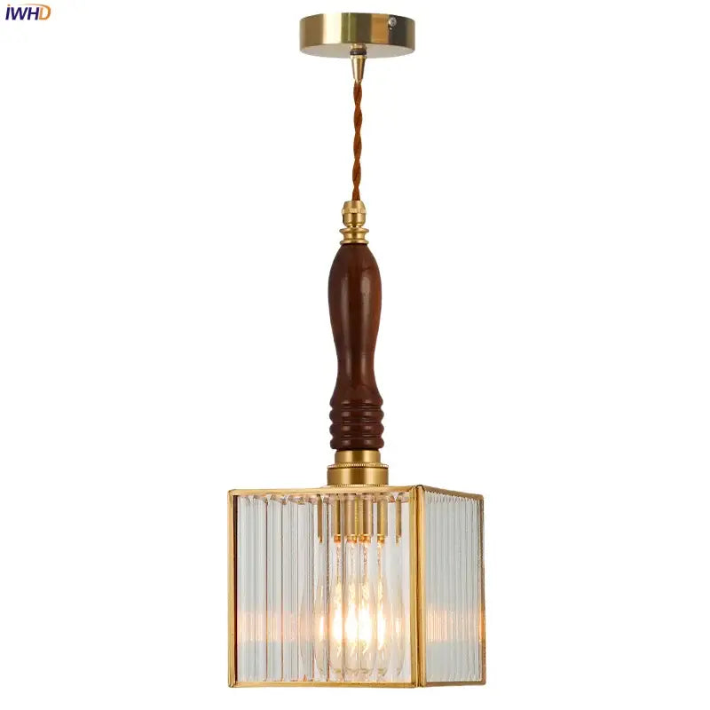 Japanese vintage brass and wood glass led pendant lamp with square ribbed glass cage for dining room lighting
