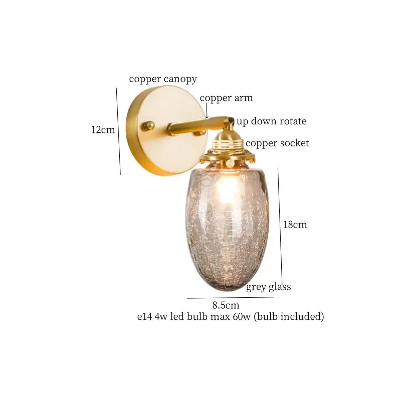 Japanese vintage gold bell glass led wall lamp with textured grey glass shade and polished copper decorbites bell glass hardware