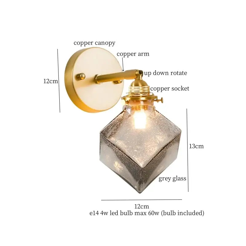 Japanese vintage gold bell glass led wall lamp with brass copper arm and faceted grey textured shade for bedroom decorbites bell glass