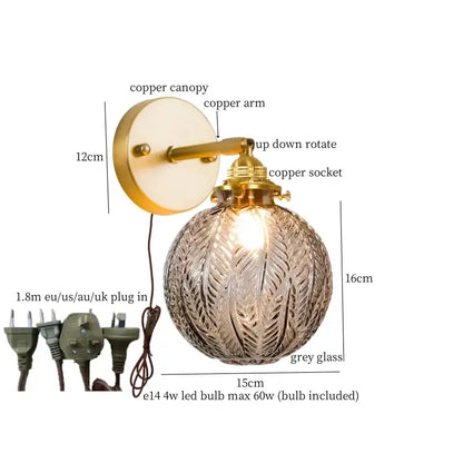 Japanese vintage gold bell glass led wall lamp with textured grey leaf-etched globe and brass-finished copper arm decorbites bell glass
