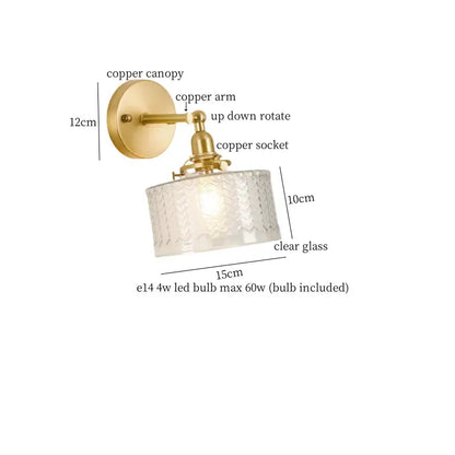 Japanese vintage gold bell glass led wall lamp with brass-finished copper arm and clear textured bell glass shade decorbites bell glass