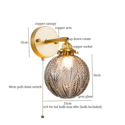Japanese vintage gold bell glass led wall lamp with brass copper arm and ornate grey textured glass for bedroom decorbites wall lamp