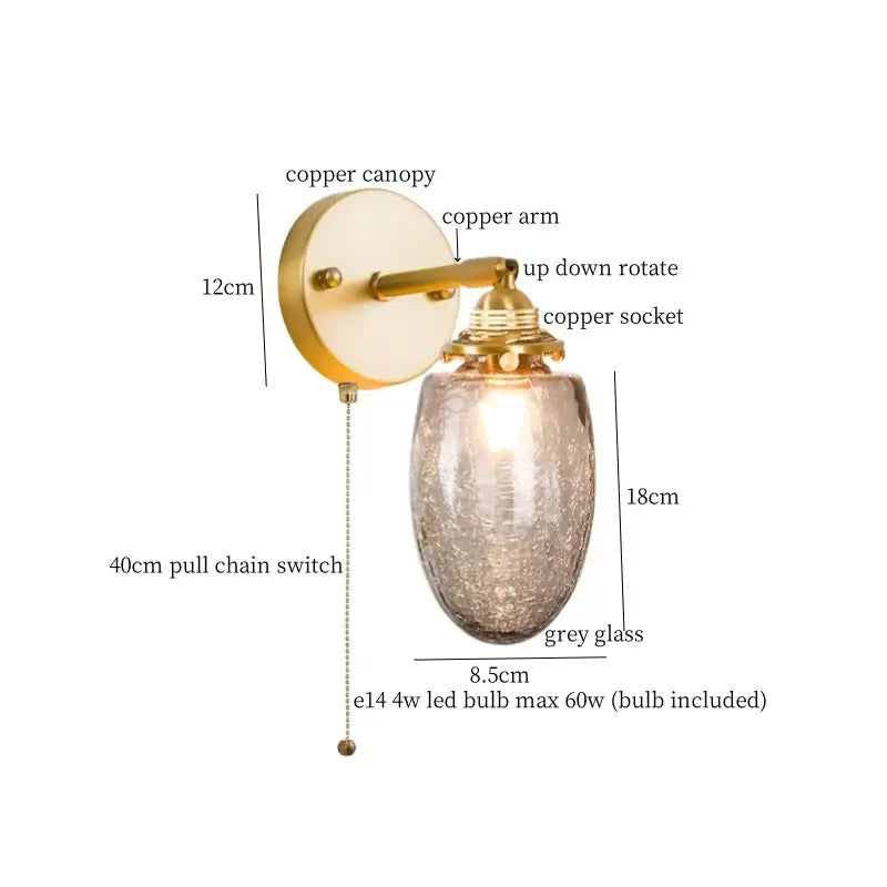 Japanese vintage gold bell glass led wall lamp with copper canopy, textured grey shade, brass socket, and pull chain switch