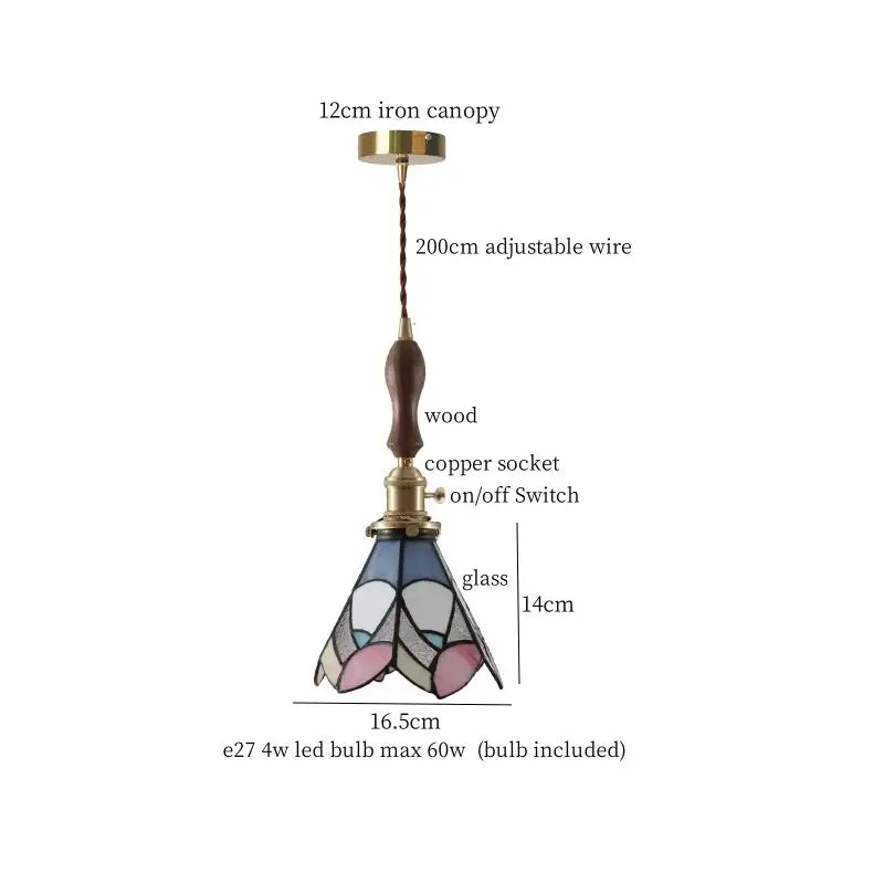 Japanese vintage stained glass led pendant lamp with blue white pink floral glass shade and wooden handle for dining room