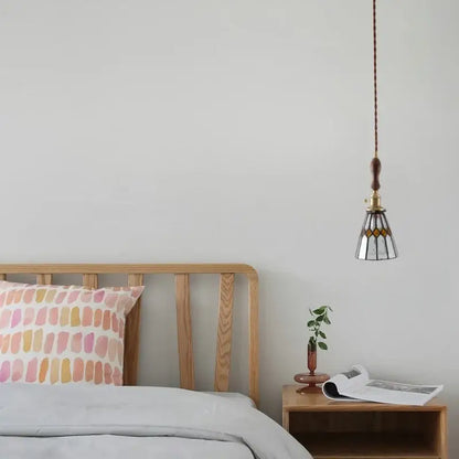 Delicate Japanese vintage stained glass led pendant lamp with brass fixture and geometric amber silver black shade