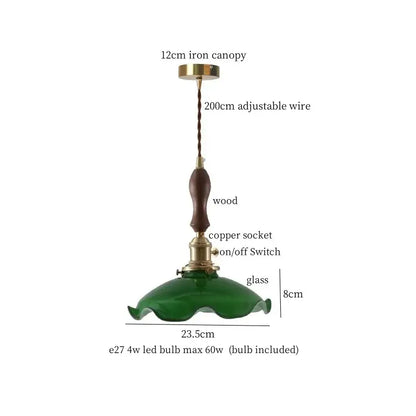 Japanese vintage stained glass led pendant lamp with green glass, wooden handle, and brass accents for dining room