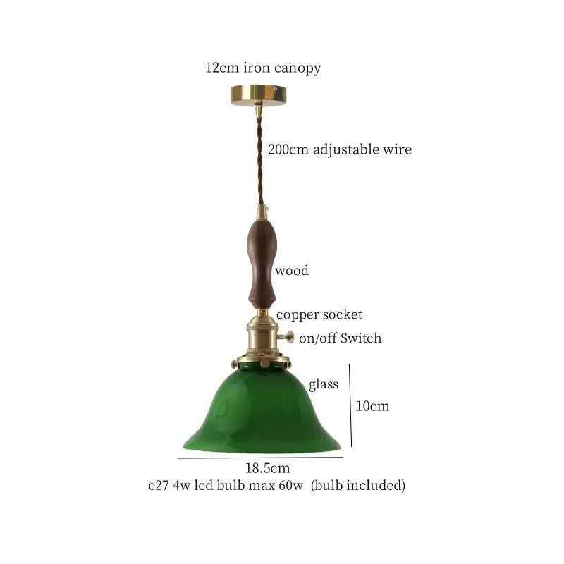 Green glass bell-shaped Japanese vintage stained glass led pendant lamp with wooden handle and brass accents for dining room