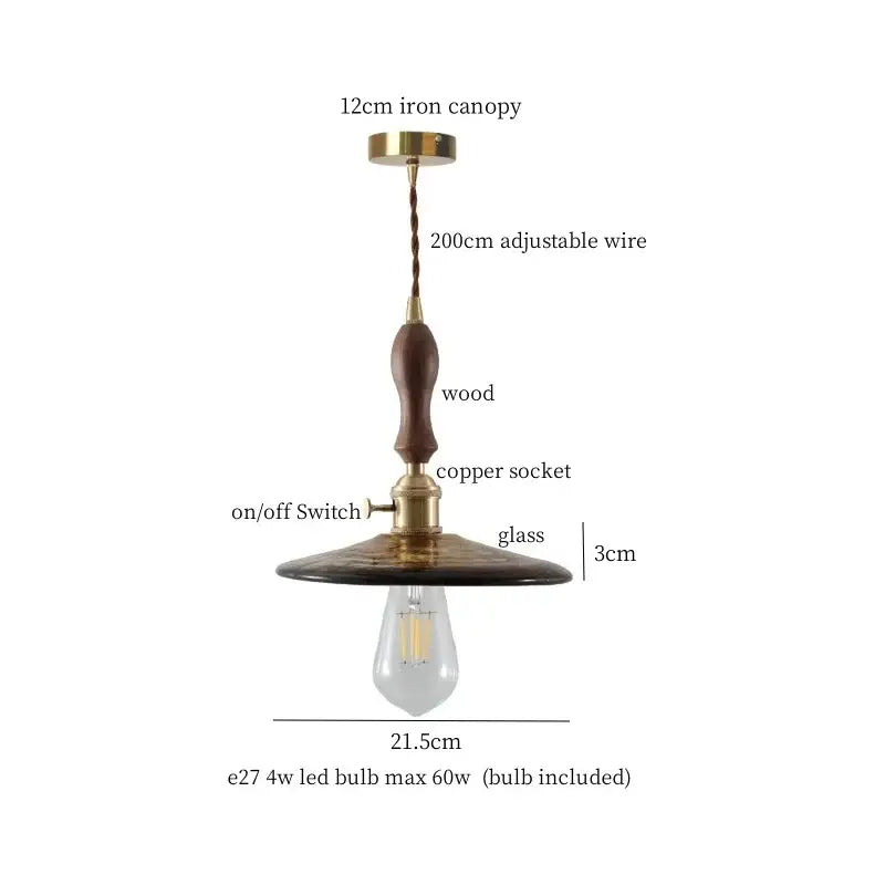 Japanese vintage stained glass led pendant lamp with brass iron canopy, wooden handle, copper socket, and glass shade