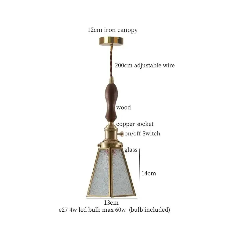 A japanese vintage stained glass led pendant lamp with brass and wood materials and textured glass shade for dining room