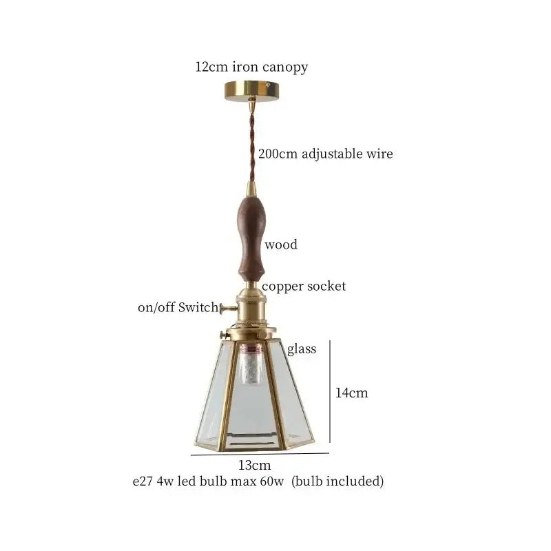 Japanese vintage stained glass led pendant lamp with brass iron canopy, wooden handle, copper socket, and glass shade
