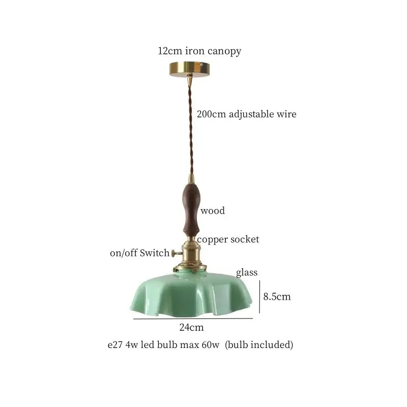 Japanese vintage stained glass led pendant lamp with mint green glass shade wooden handle and brass accents for dining room