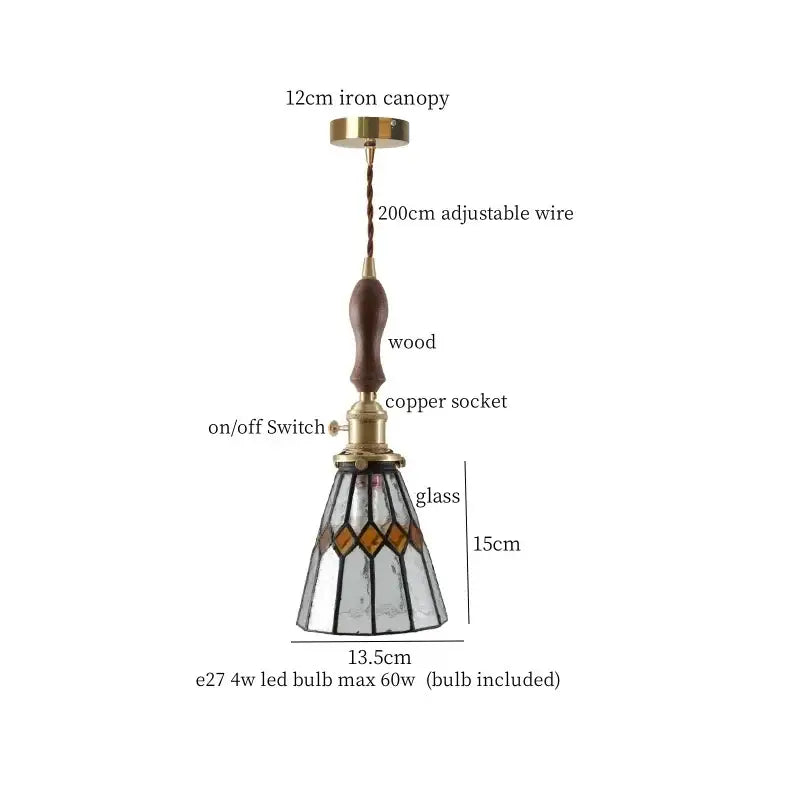 Japanese vintage stained glass led pendant lamp with amber diamond patterns wooden handle and brass accents for dining room