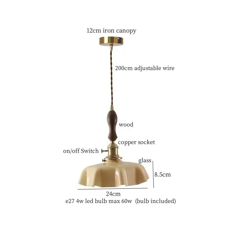Vintage-style glass led pendant lamp with brass iron canopy, wooden handle, copper socket, and cream shade for dining room