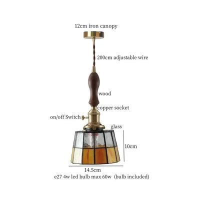 Japanese vintage stained glass led pendant lamp with brass canopy wooden handle amber and clear glass panels for dining room