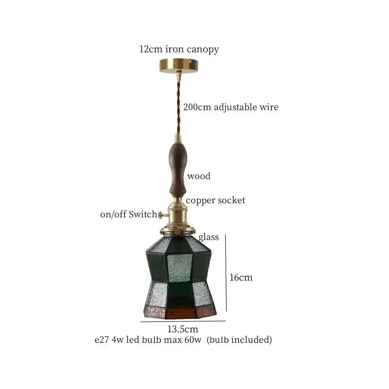 Japanese vintage stained glass led pendant lamp with dark green geometric glass shade, wooden handle, and brass accents