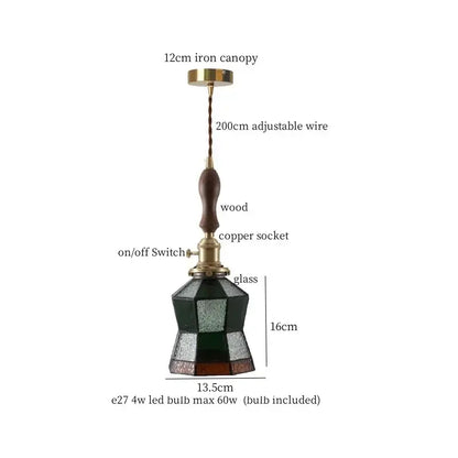 Japanese vintage stained glass led pendant lamp with dark green geometric glass shade, wooden handle, and brass accents